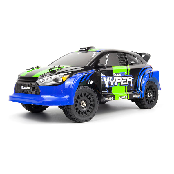 Echo Six Hobbies – BlackZon Vyper RX 1/16 blue and green 4WD rally car, front three-quarter view