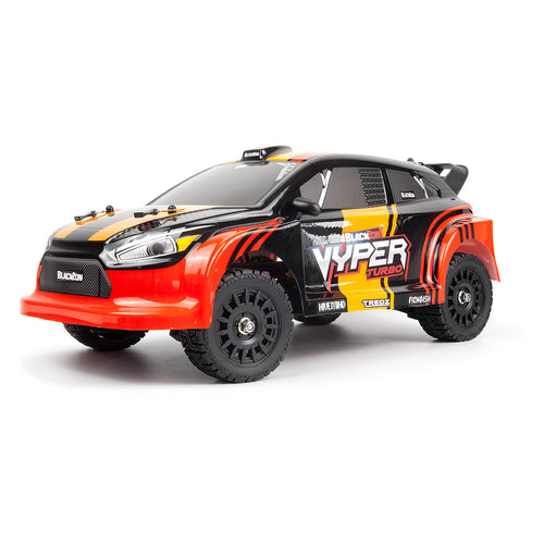 Echo Six Hobbies – BlackZon Vyper RX Turbo 1/16 red and orange brushless 4WD rally car, front three-quarter view