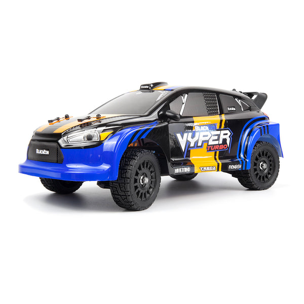 Echo Six Hobbies – BlackZon Vyper RX Turbo 1/16 blue and orange brushless 4WD rally car, front three-quarter view