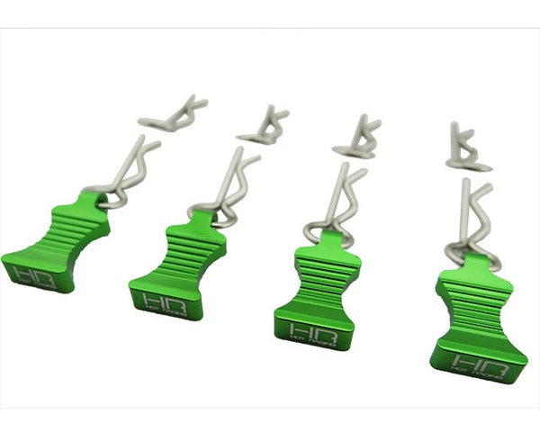 Echo Six Hobbies. Hot Racing 1/10 Green Alum EZ Pulls, 4pcs and Body Clips (8pcs)