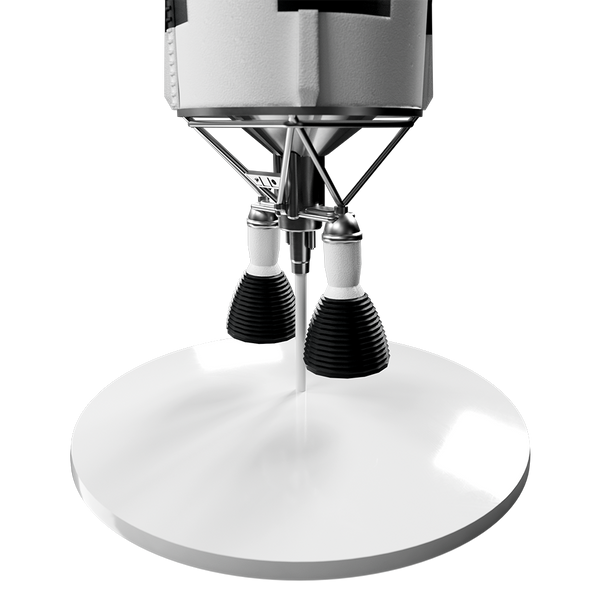 Close-up view of the detailed metallic and black engine nozzles and structural supports on a model rocket displayed on a glossy white circular stand against a black background.