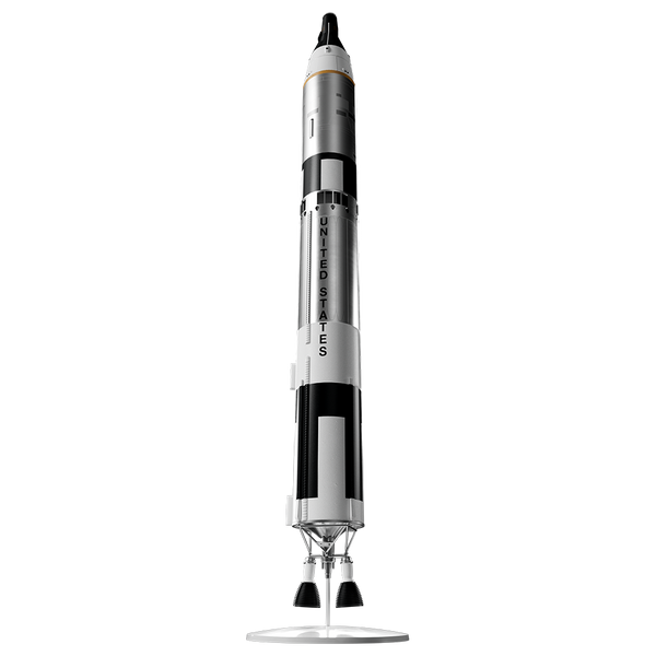 Estes Rockets - Gemini Titan Model Rocket displayed upright on a stand, featuring detailed black and white NASA-inspired design, perfect for STEM learning and hobby enthusiasts.