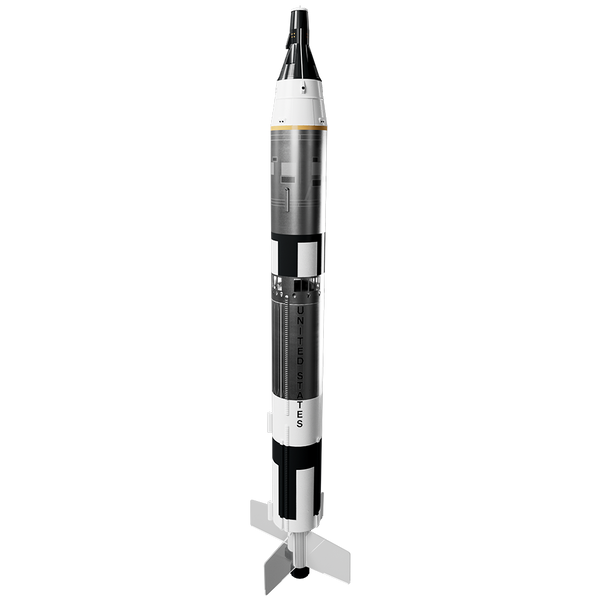 Detailed digital rendering of a vintage NASA Saturn V rocket on a black background, showcasing the iconic black and white paint scheme and structural details.