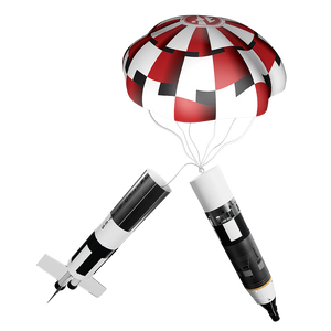 Two model rocket stages connected to a red and white checkered parachute deployed against a black background, illustrating a rocket recovery system for safe descent in STEM learning activities.