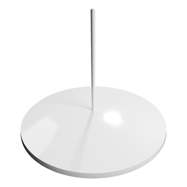 Minimalist white circular display stand with a thin vertical rod in the center, shown against a black background, designed for showcasing model rockets or collectibles.