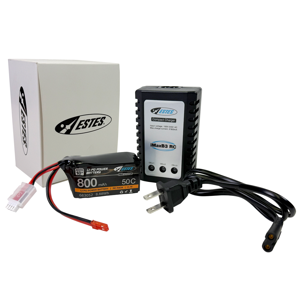 Echo Six Hobbies Estes Rockets - Pro Series II™ Li-Po Power Battery & Charger set showing a black 800mAh 50C Li-Po battery with connectors, a compact charger with power cord, and branded packaging, supporting STEM learning and hobby enthusiasts.