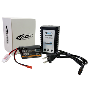 Echo Six Hobbies Estes Rockets - Pro Series II™ Li-Po Power Battery & Charger set showing a black 800mAh 50C Li-Po battery with connectors, a compact charger with power cord, and branded packaging, supporting STEM learning and hobby enthusiasts.
