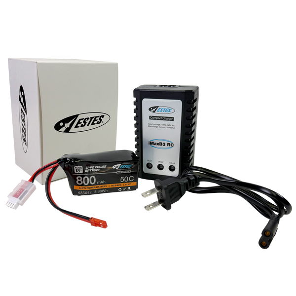 Echo Six Hobbies Estes Rockets - Pro Series II™ Li-Po Power Battery & Charger set showing a black 800mAh 50C Li-Po battery with connectors, a compact charger with power cord, and branded packaging, supporting STEM learning and hobby enthusiasts.