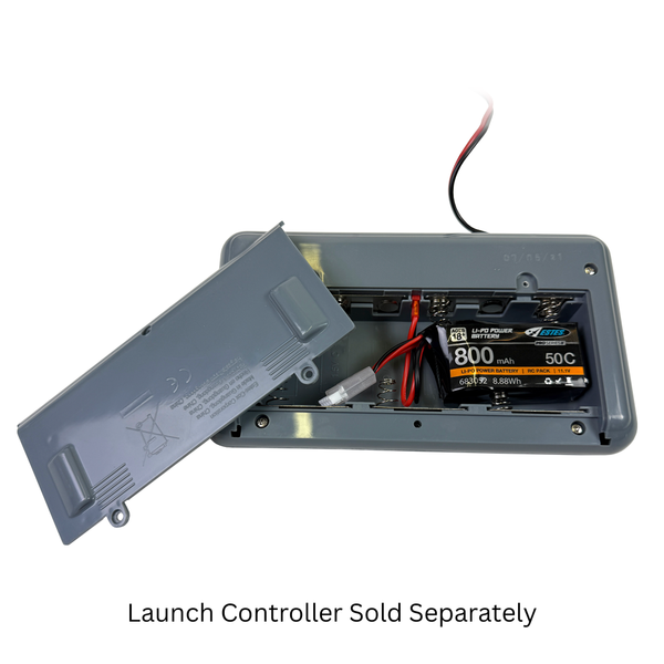 Echo Six Hobbies - Estes Rockets -  Battery pack installed in gray plastic compartment with open lid, showing wiring and label for Estes Rockets - Pro Series II™ Li-Po Power Battery & Charger, designed for STEM and hobby rocket launching.