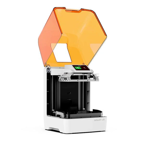 Echo Six Hobbies Creality HALOT-X1 resin 3D printer with the orange cover raised, showing the touchscreen, build plate and resin vat area