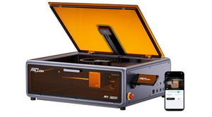 Echo Six Hobbies Creality Falcon A1 Pro laser engraver with lid open and camera visible, beside a smartphone showing the monitoring app