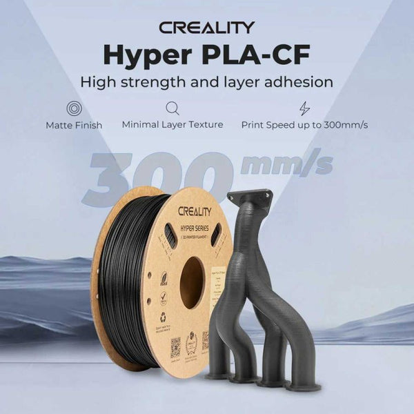 Echo Six Hobbies Creality Hyper PLA-CF black filament spool beside a dark branched 3D printed part with matte finish and 300mm/s speed text