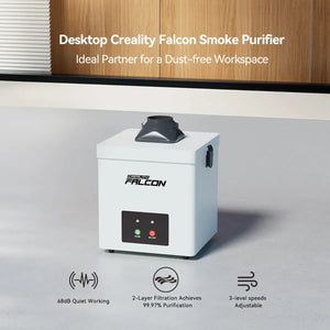 Echo Six Hobbies Creality Falcon YW45 white desktop smoke purifier with dark intake hood, control panel, and callouts for 68dB, 3 speeds, 2-layer filtration