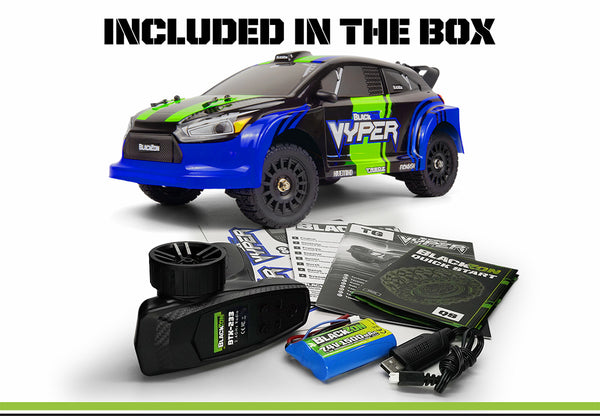 Echo Six Hobbies – BlackZon Vyper RX blue and green rally car with included transmitter, battery, USB charger and paperwork
