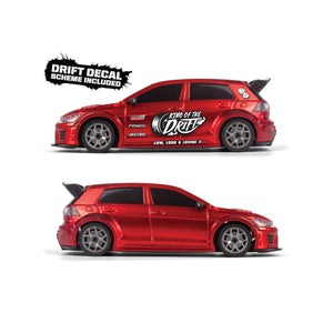 Echo Six Hobbies – BlackZon Myte D red drift car with optional drift decals and plain body shown side by side