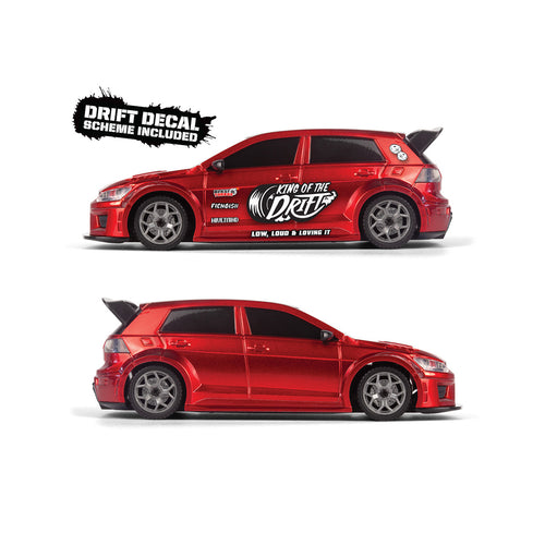 Echo Six Hobbies – BlackZon Myte D red drift car with optional drift decals and plain body shown side by side