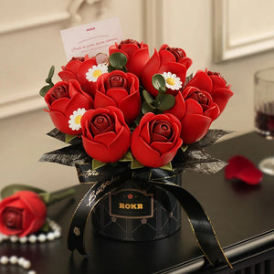 Echo Six Hobbies ROKR Red Rose Bouquet DIY 3D Puzzle, close-up of red rose bouquet with white daisies