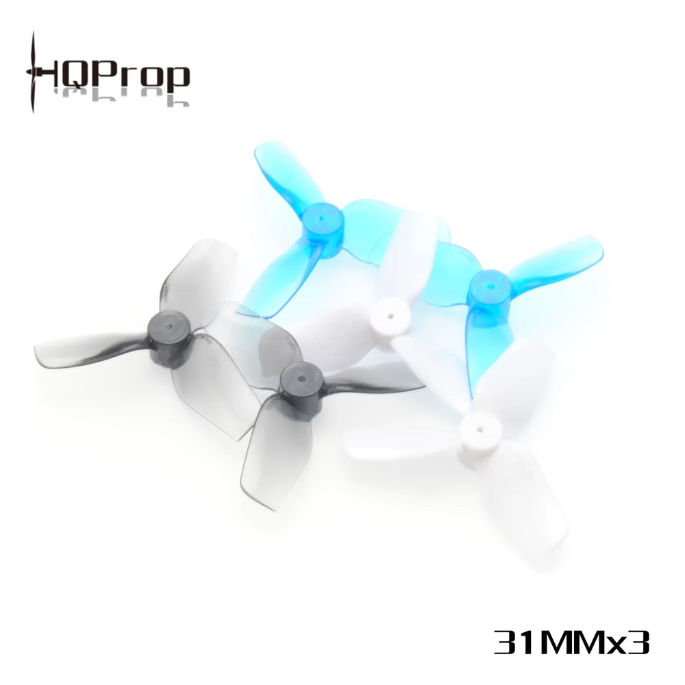 Two sets of white and blue propellers with 'HQProp' branding on a white background.