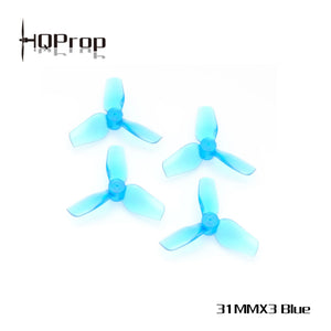 Four translucent light blue 3-blade drone propellers arranged on a white background, with the HQProp logo in the top-left and '31MMX3 Blue' text in the bottom-right.