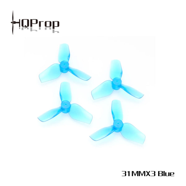 Four translucent light blue 3-blade drone propellers arranged on a white background, with the HQProp logo in the top-left and '31MMX3 Blue' text in the bottom-right.