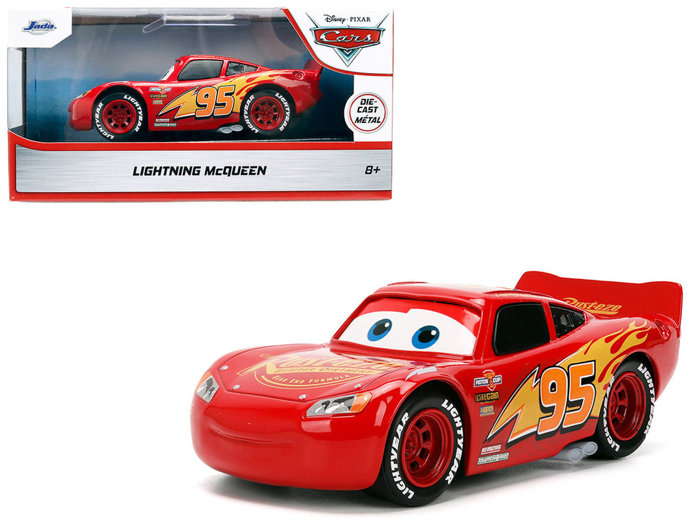 Echo Six Hobbies Disney Pixar Cars 5 Lightning McQueen die-cast metal toy car shown below its retail packaging on a white background.