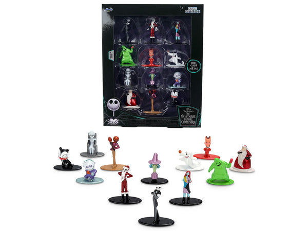 Echo Six Hobbies A Disney Nightmare Before Christmas 12 Figure Set featuring multiple small character figurines displayed in front of their black retail packaging box on a white background.