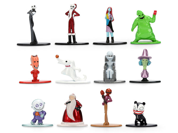 Echo Six Hobbies A set of twelve small Disney Pixar-style character figurines arranged in a 3-by-4 grid on a plain white background. The figures include Jack Skellington, Sally, Zero, The Big Green One, Eustacia Cruz, Santa Claus, and others, each standing on a circular base.