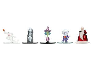 Echo Six Hobbies Five small collectible figurines lined up against a plain white background: a white ghost-like character with a red nose, a silver armored figure, a green wizard-like character in a purple hat, a purple skeleton character, and a red Santa-style character with a long white beard.