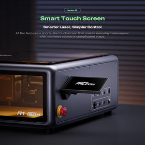 Echo Six Hobbies Creality Falcon A1 Pro side view showing the smartphone-style touchscreen, red emergency stop and side control ports