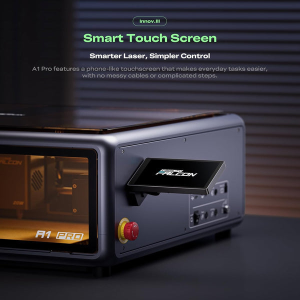 Echo Six Hobbies Creality Falcon A1 Pro side view showing the smartphone-style touchscreen, red emergency stop and side control ports