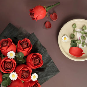 Echo Six Hobbies ROKR Red Rose Bouquet DIY 3D Puzzle, overhead view of bouquet and unassembled kit parts