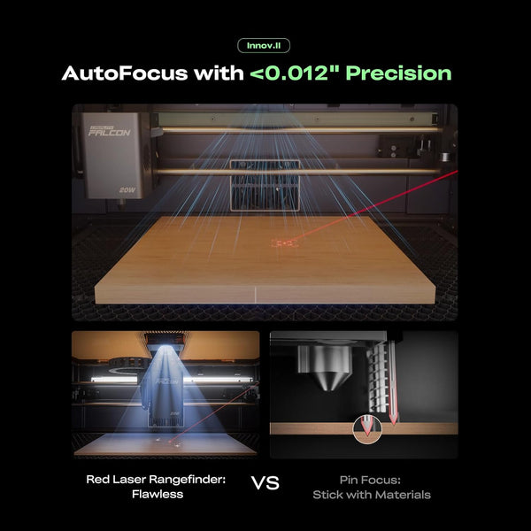 Echo Six Hobbies Falcon A1 Pro 20W laser head autofocusing over a wood panel with a red laser rangefinder, compared with pin focus