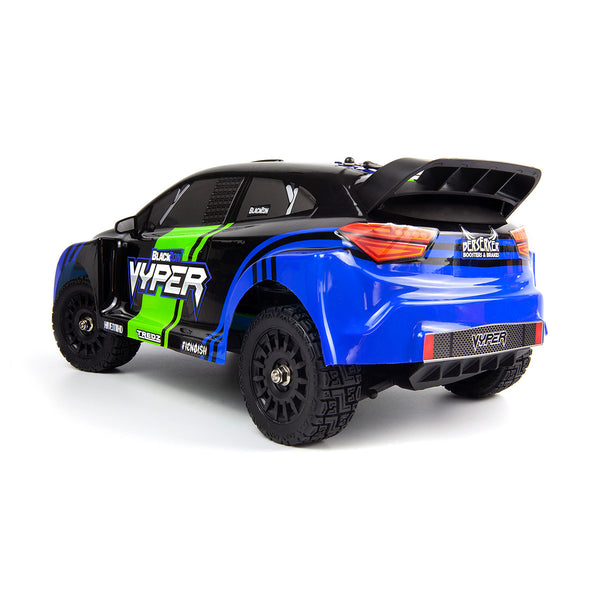Echo Six Hobbies – BlackZon Vyper RX blue and green rally car, rear three-quarter view