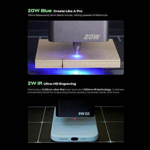 Echo Six Hobbies Falcon 20W blue laser cutting basswood plywood above a 2W IR laser module engraving a light blue phone case