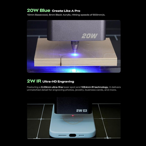 Echo Six Hobbies Falcon 20W blue laser cutting basswood plywood above a 2W IR laser module engraving a light blue phone case