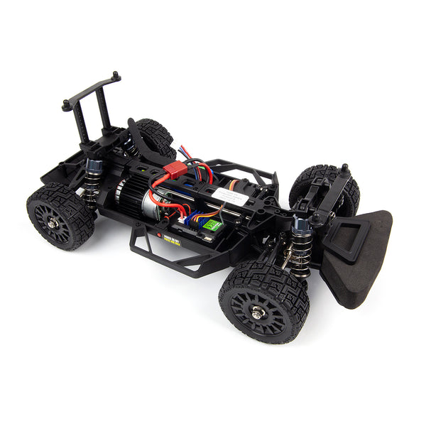 Echo Six Hobbies – BlackZon Vyper RX 1/16 4WD rally car chassis with body removed, showing motor, battery and electronics