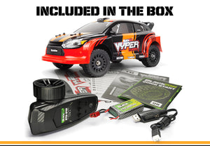 Echo Six Hobbies – BlackZon Vyper RX Turbo red and orange rally car with included transmitter, battery, USB charger and paperwork