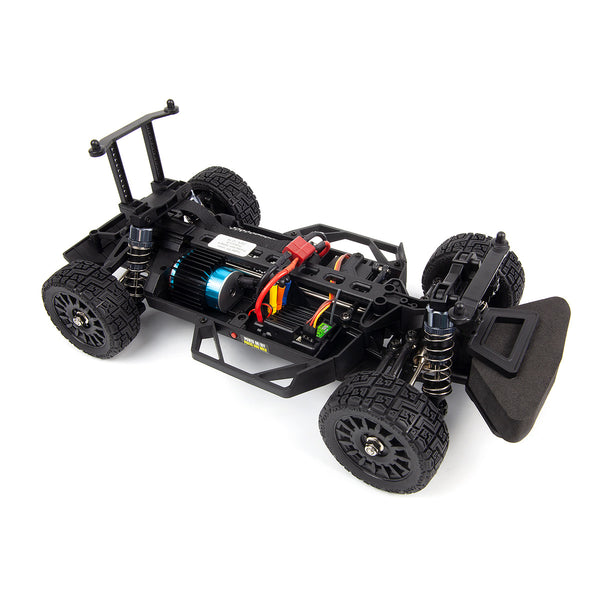Echo Six Hobbies – BlackZon Vyper RX Turbo 1/16 brushless 4WD rally car chassis with body removed, showing motor, battery and electronics