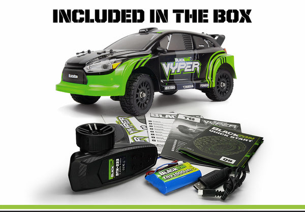 Echo Six Hobbies – BlackZon Vyper RX green and black rally car with included transmitter, battery, USB charger and paperwork