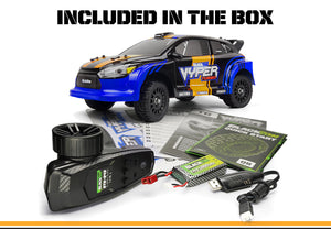 Echo Six Hobbies – BlackZon Vyper RX Turbo blue and orange rally car with included transmitter, battery, USB charger and paperwork
