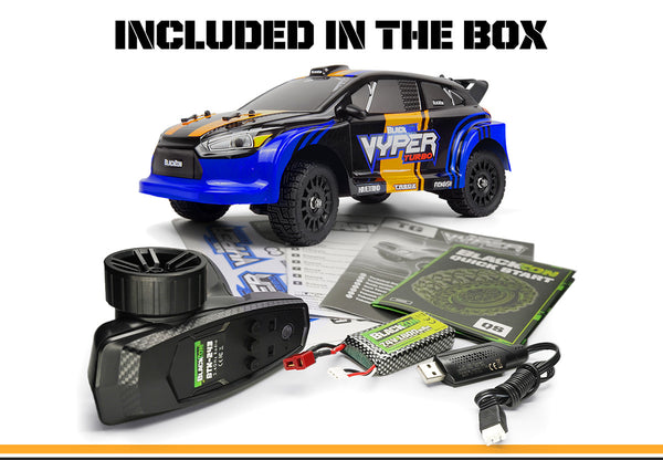 Echo Six Hobbies – BlackZon Vyper RX Turbo blue and orange rally car with included transmitter, battery, USB charger and paperwork
