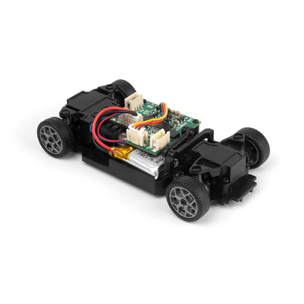Echo Six Hobbies – BlackZon Myte D 1/43 drift car chassis with body removed, showing drivetrain and electronics