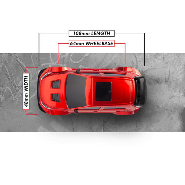 Echo Six Hobbies – BlackZon Myte D red drift car dimension diagram: 108 mm length, 48 mm width and 64 mm wheelbase