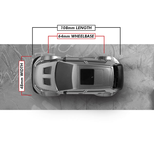 Echo Six Hobbies – BlackZon Myte R grey race car dimension diagram: 108 mm length, 48 mm width and 64 mm wheelbase