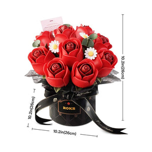 Echo Six Hobbies ROKR Red Rose Bouquet DIY 3D Puzzle, assembled rose bouquet and gift box display