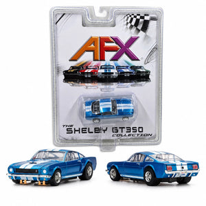 AFX Racing - Shelby GT350 1966 Blue / White Stripes scale model car displayed alongside its branded packaging, highlighting detailed collectible craftsmanship.