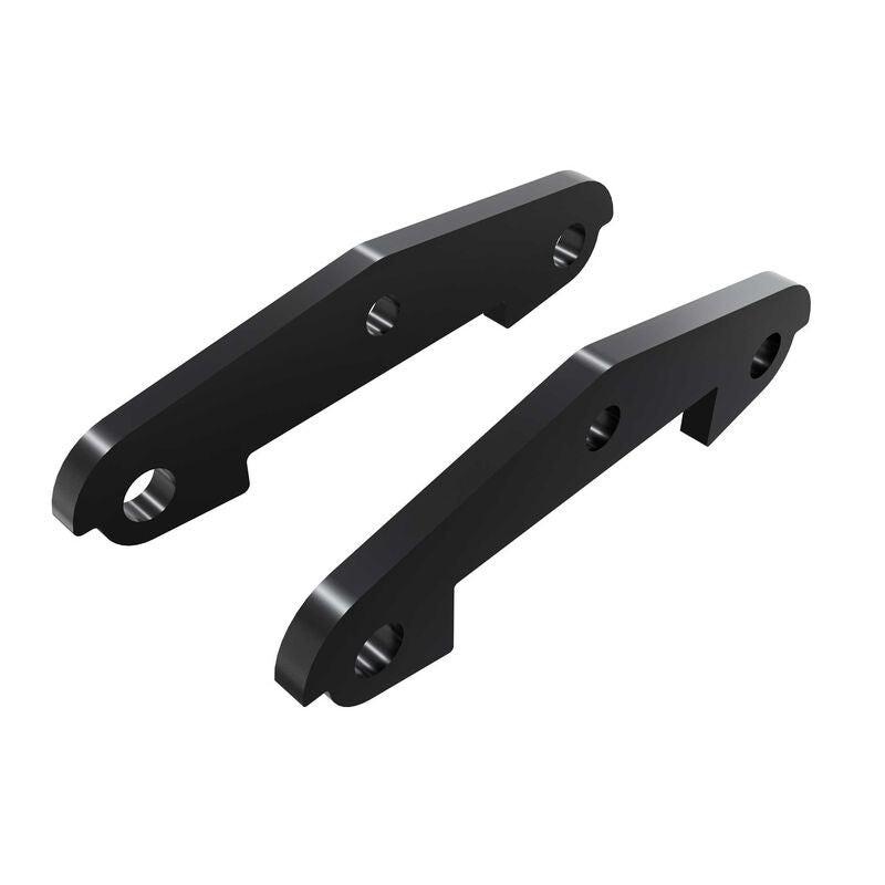 Two black metal brackets on a white background