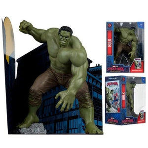 Marvel's The Incredible Hulk action figure posed in a crouching stance in front of a blue cityscape display backdrop, with two smaller package views shown on the right against a white background.
