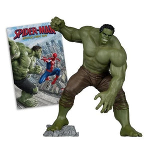 Marvel's The Incredible Hulk action figure posed dynamically on a gray rocky base, with the Spider-Man: Brand New York comic book standing behind him against a plain white background.