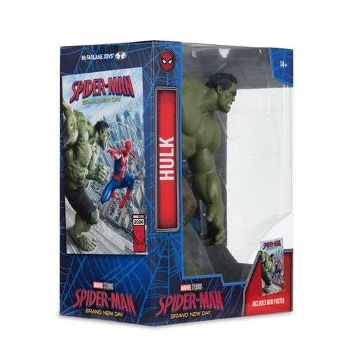 Marvel Studios Spider-Man: Brand New Day Hulk action figure in its original retail packaging, featuring a clear plastic window, blue and red comic-book style graphics, and a small included mini poster.